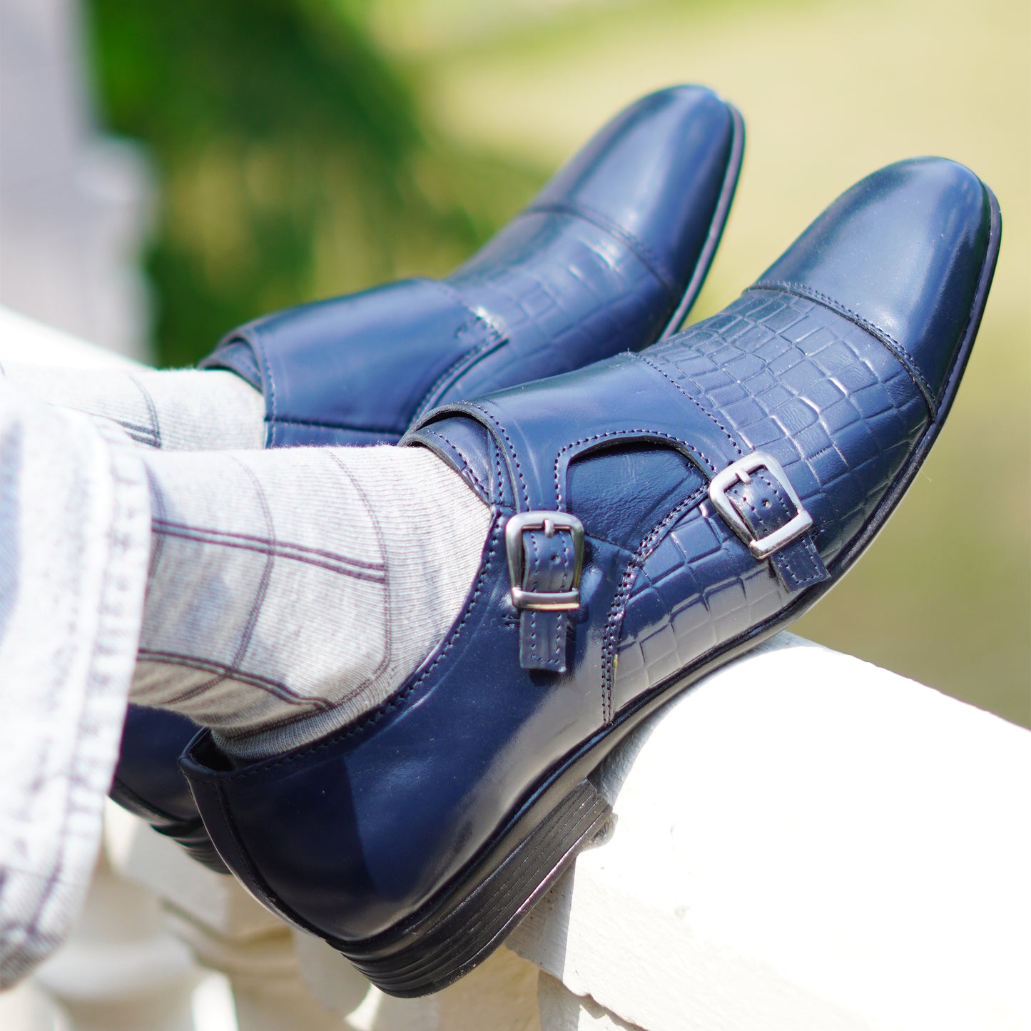 MATR Strap Me Down Men's Navy Blue Croc-Embossed Double Monk Strap Leather Shoes