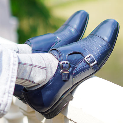 MATR Strap Me Down Men's Navy Blue Croc-Embossed Double Monk Strap Leather Shoes