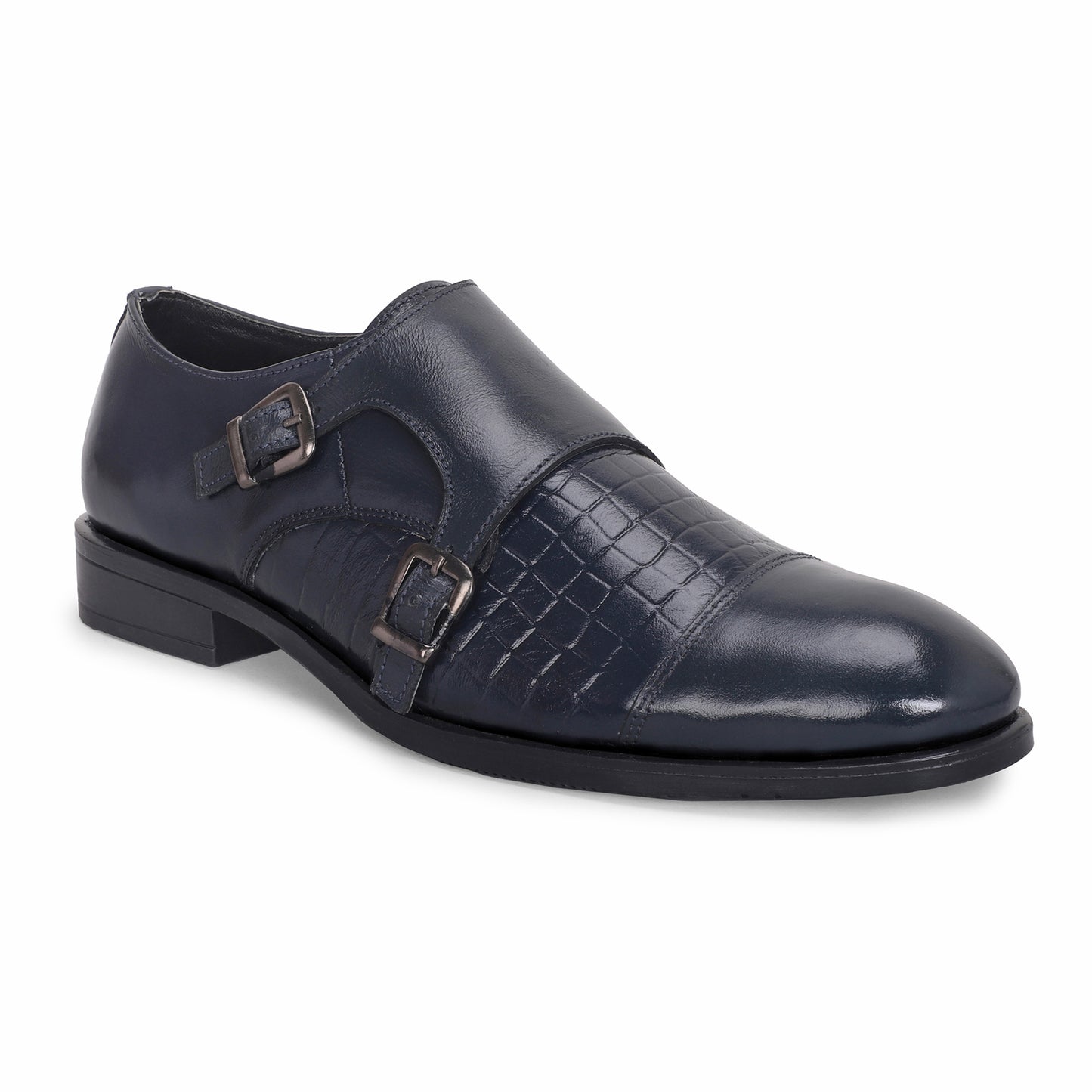 MATR Strap Me Down Men's Navy Blue Croc-Embossed Double Monk Strap Leather Shoes