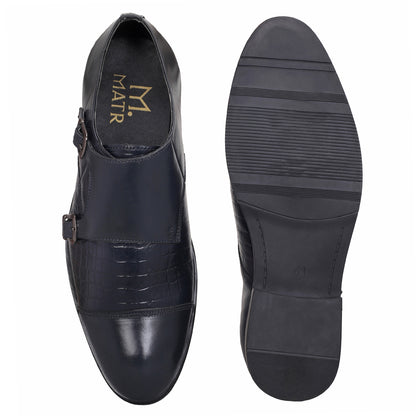 MATR Strap Me Down Men's Navy Blue Croc-Embossed Double Monk Strap Leather Shoes