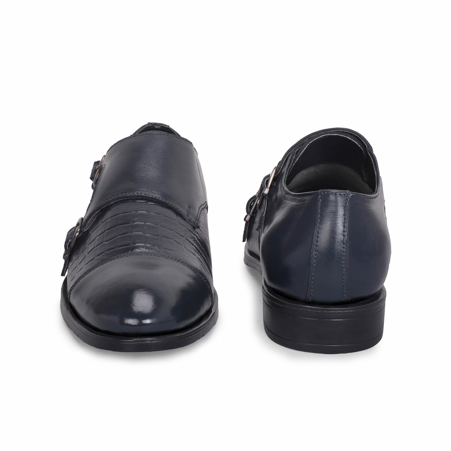 MATR Strap Me Down Men's Navy Blue Croc-Embossed Double Monk Strap Leather Shoes