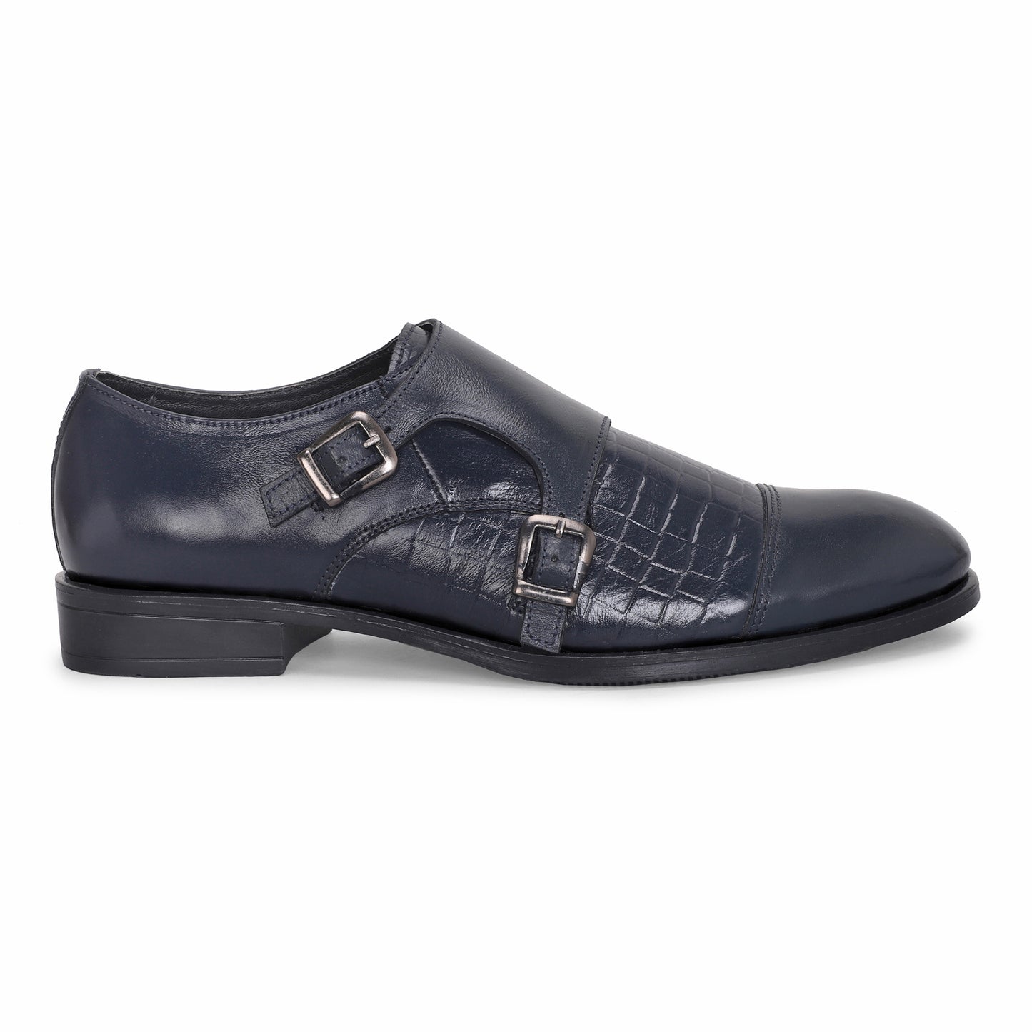 MATR Strap Me Down Men's Navy Blue Croc-Embossed Double Monk Strap Leather Shoes