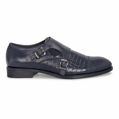 MATR Strap Me Down Men's Navy Blue Croc-Embossed Double Monk Strap Leather Shoes
