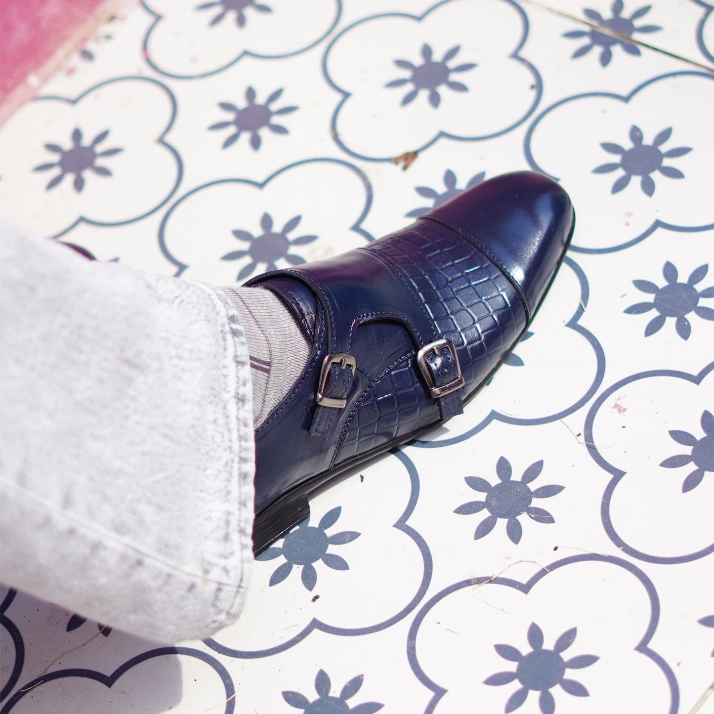 MATR Strap Me Down Men's Navy Blue Croc-Embossed Double Monk Strap Leather Shoes