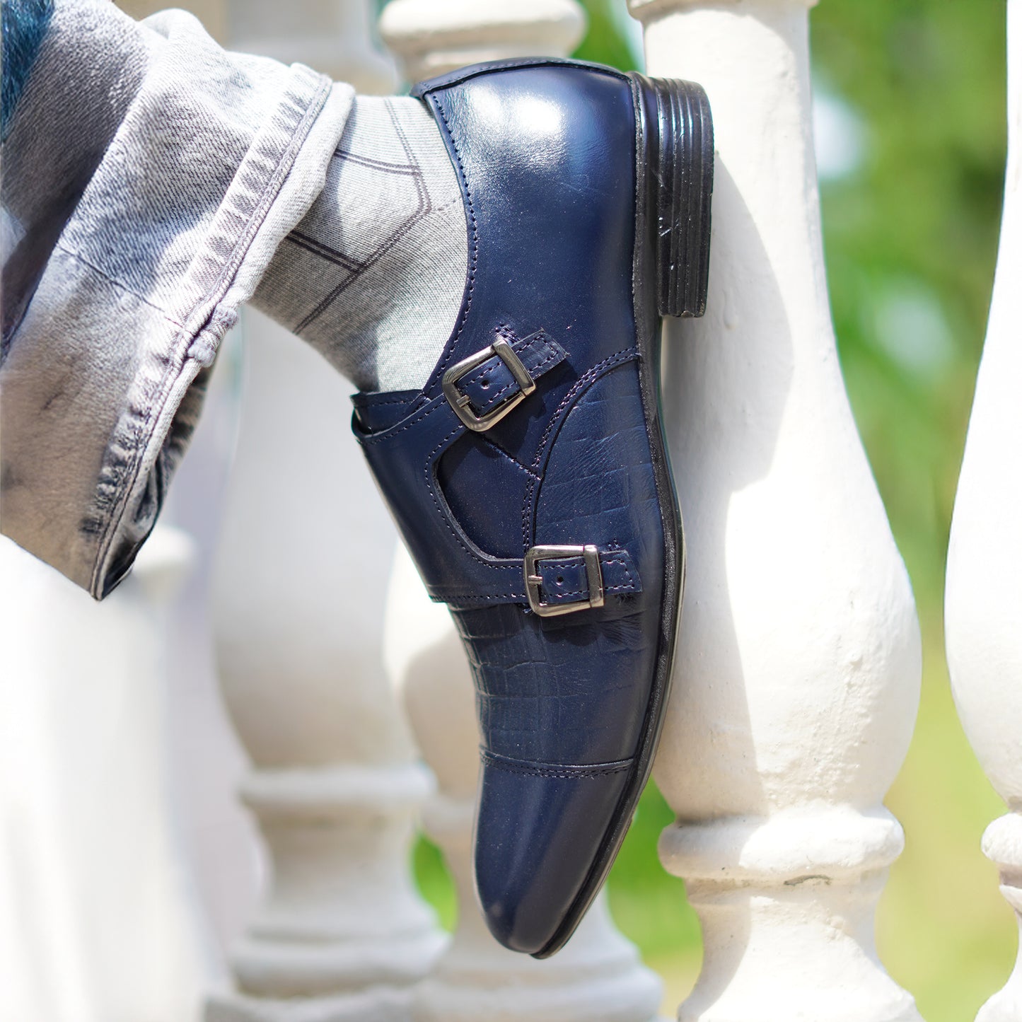 MATR Strap Me Down Men's Navy Blue Croc-Embossed Double Monk Strap Leather Shoes