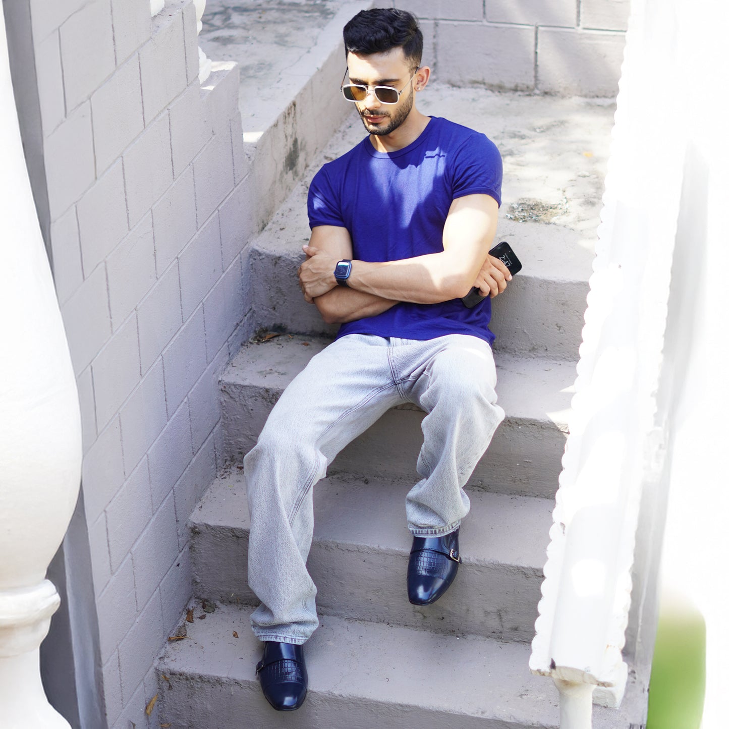 MATR Strap Me Down Men's Navy Blue Croc-Embossed Double Monk Strap Leather Shoes