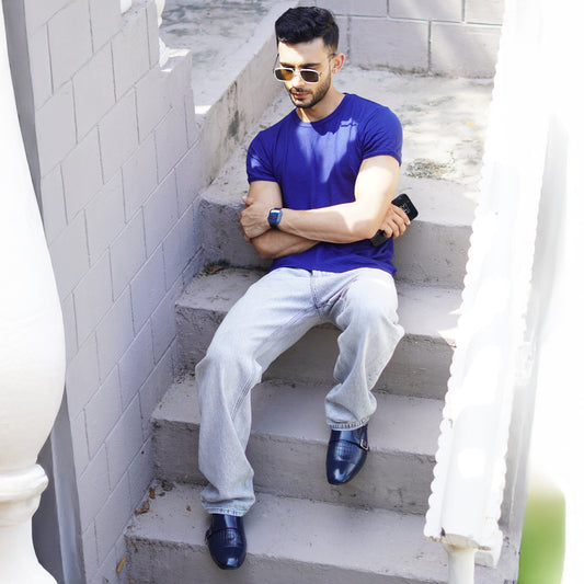 MATR Strap Me Down Men's Navy Blue Croc-Embossed Double Monk Strap Leather Shoes