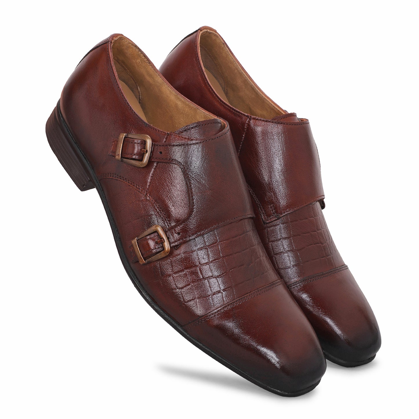 MATR Strap Me Down Men's Brown Croc-Embossed Double Monk Strap Leather Shoes