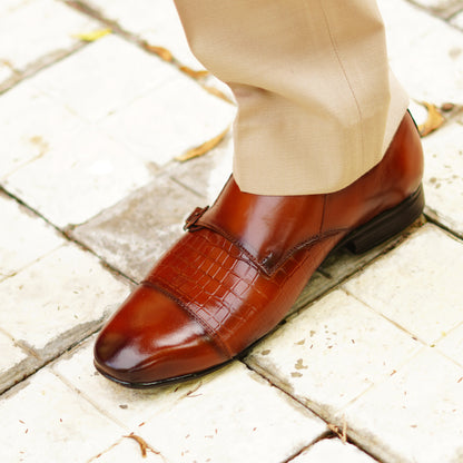 MATR Strap Me Down Men's Brown Croc-Embossed Double Monk Strap Leather Shoes