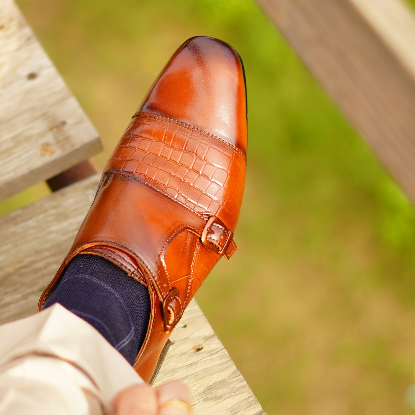 MATR Strap Me Down Men's Brown Croc-Embossed Double Monk Strap Leather Shoes
