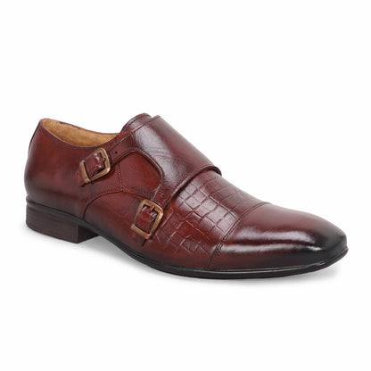 MATR Strap Me Down Men's Brown Croc-Embossed Double Monk Strap Leather Shoes