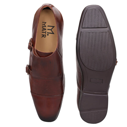 MATR Strap Me Down Men's Brown Croc-Embossed Double Monk Strap Leather Shoes