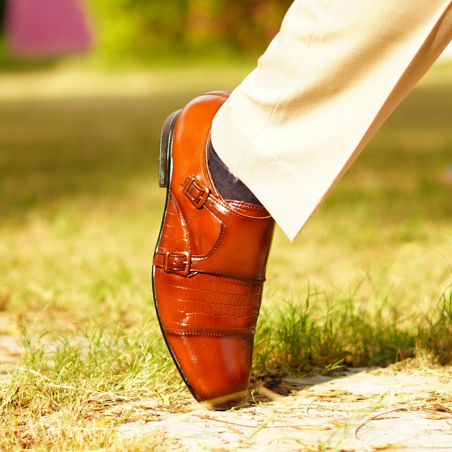 MATR Strap Me Down Men's Brown Croc-Embossed Double Monk Strap Leather Shoes