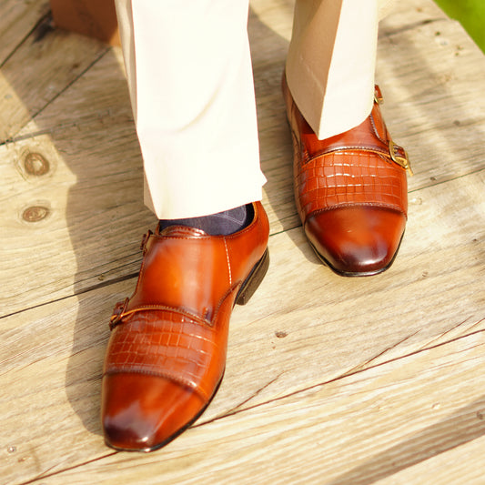 MATR Strap Me Down Men's Brown Croc-Embossed Double Monk Strap Leather Shoes