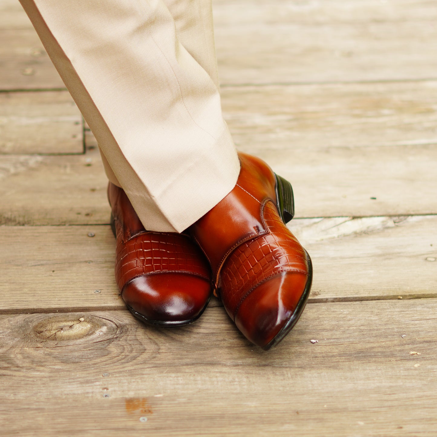 MATR Strap Me Down Men's Brown Croc-Embossed Double Monk Strap Leather Shoes