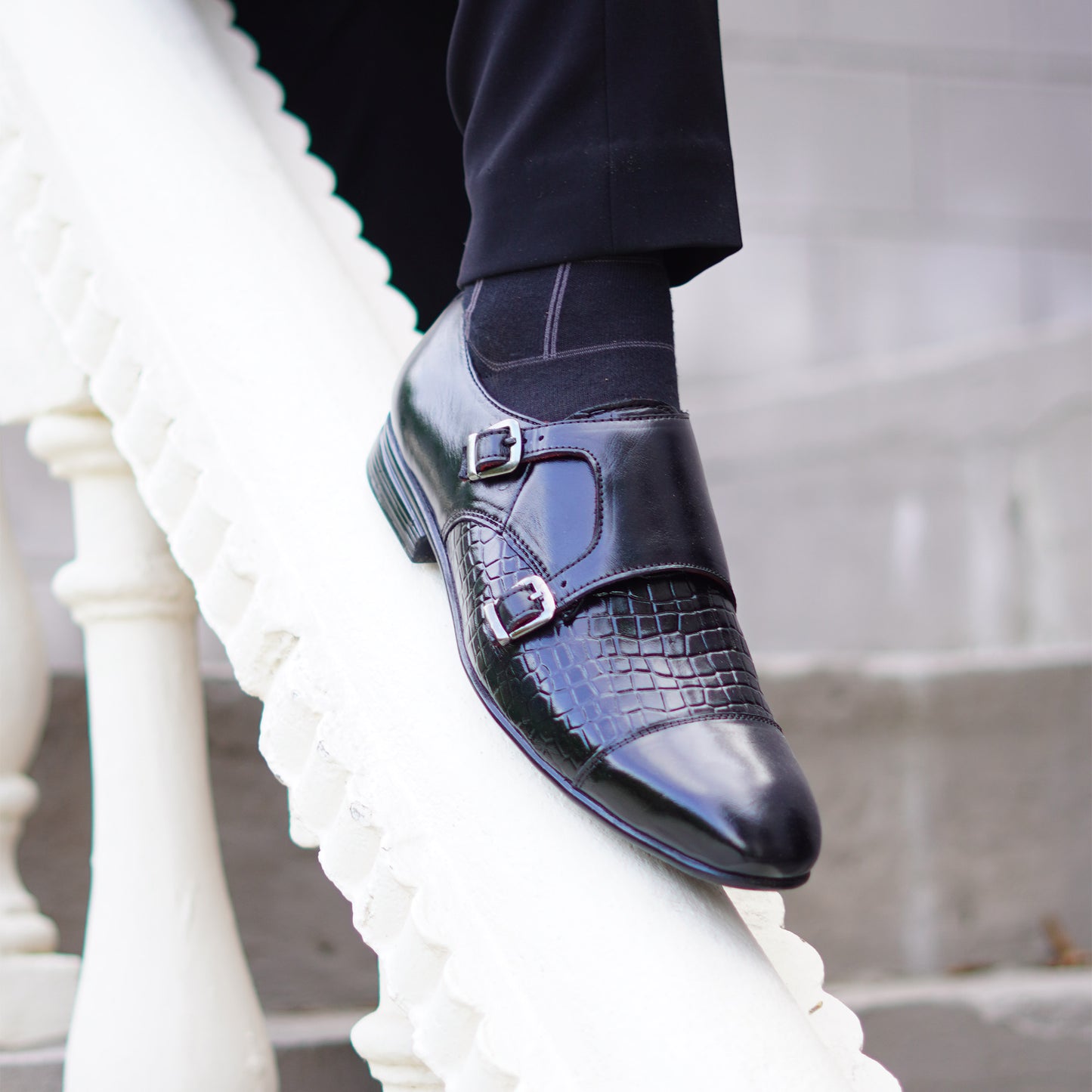 MATR Strap Me Down Men's Blck Croc-Embossed Double Monk Strap Leather Shoes