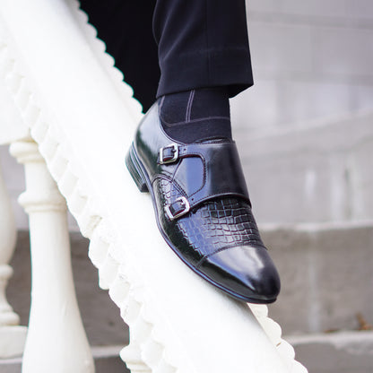 MATR Strap Me Down Men's Blck Croc-Embossed Double Monk Strap Leather Shoes