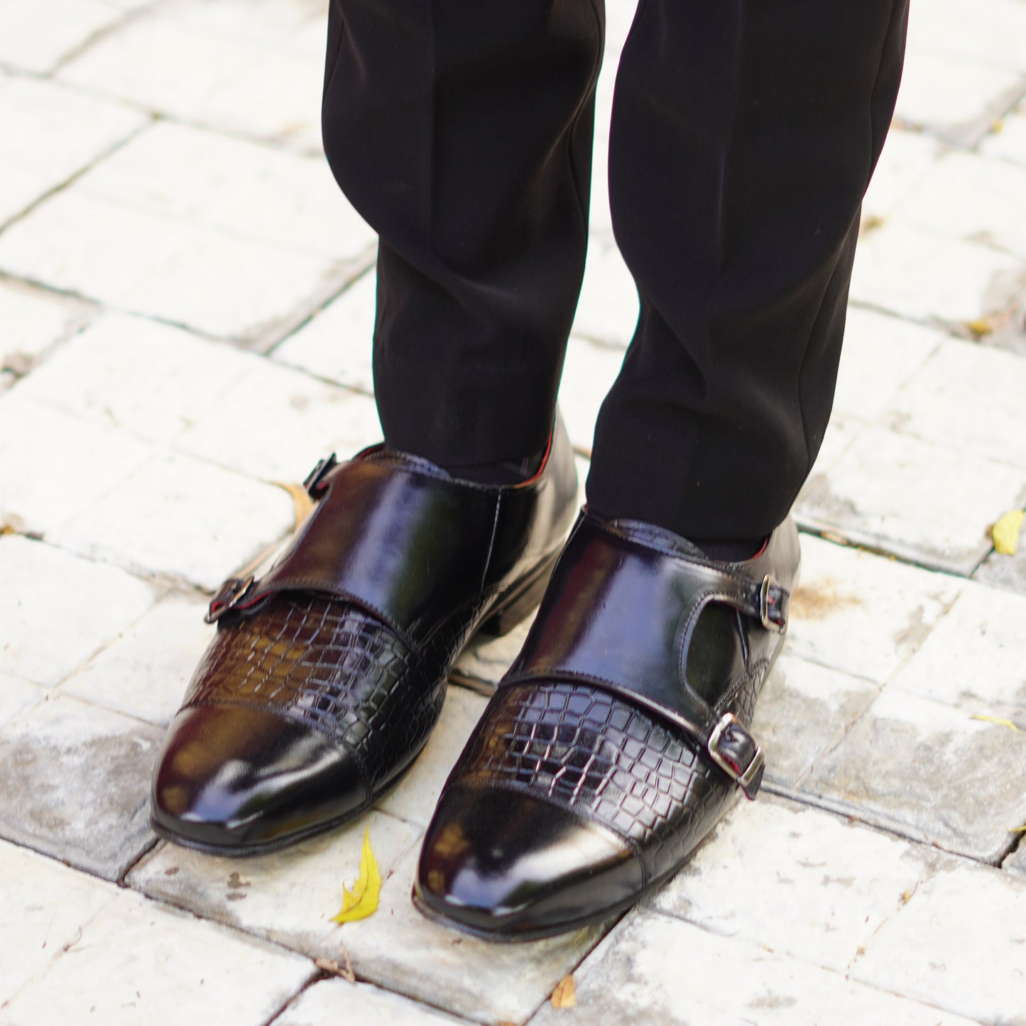 MATR Strap Me Down Men's Blck Croc-Embossed Double Monk Strap Leather Shoes