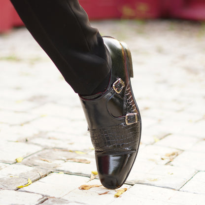 MATR Strap Me Down Men's Blck Croc-Embossed Double Monk Strap Leather Shoes