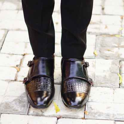 MATR Strap Me Down Men's Blck Croc-Embossed Double Monk Strap Leather Shoes