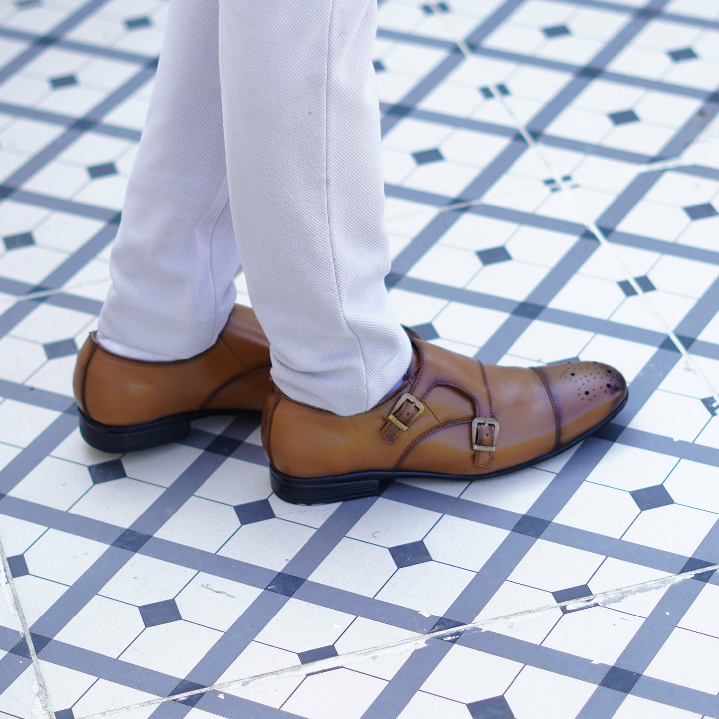 MATR Strap Me Down Men’s Tan Leather Double Monk Strap Shoes – Brogue Toe Formal Footwear