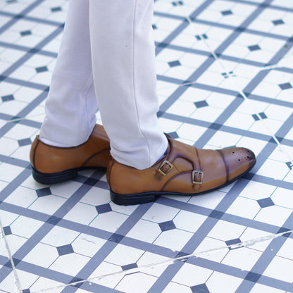 MATR Strap Me Down Men’s Tan Leather Double Monk Strap Shoes – Brogue Toe Formal Footwear