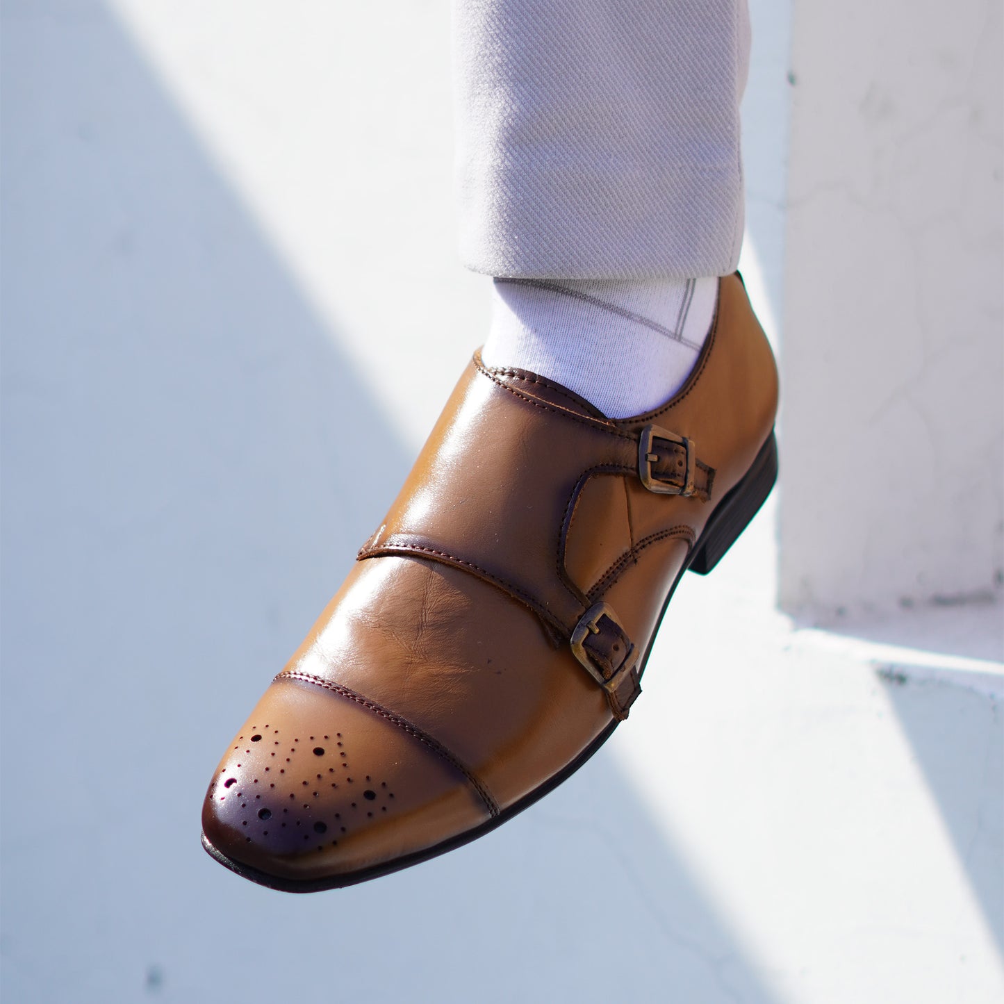 MATR Strap Me Down Men’s Tan Leather Double Monk Strap Shoes – Brogue Toe Formal Footwear