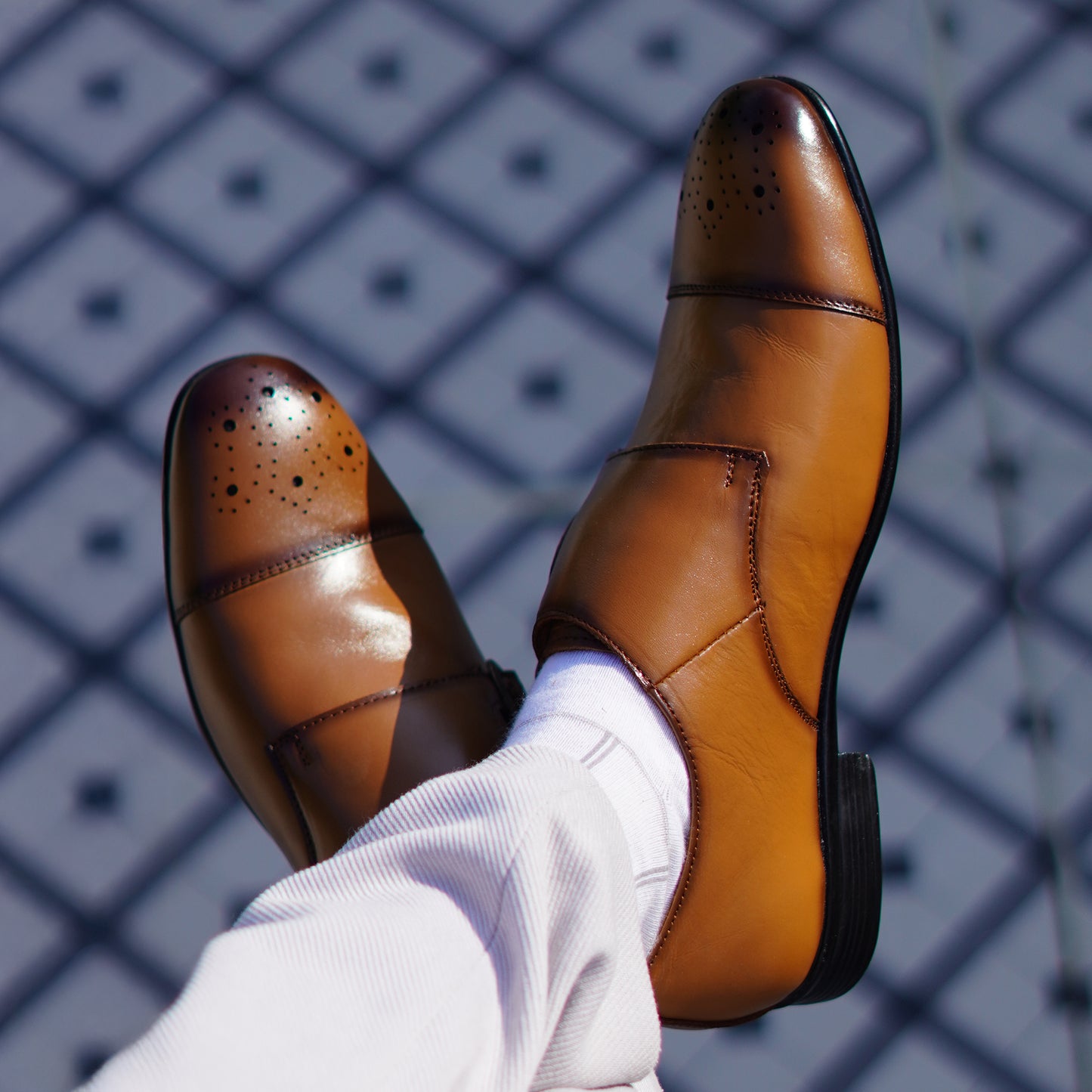 MATR Strap Me Down Men’s Tan Leather Double Monk Strap Shoes – Brogue Toe Formal Footwear