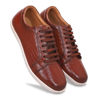 MATR Luxe Men’s Tan Croc-Embossed Leather Casual Sneakers with White Sole