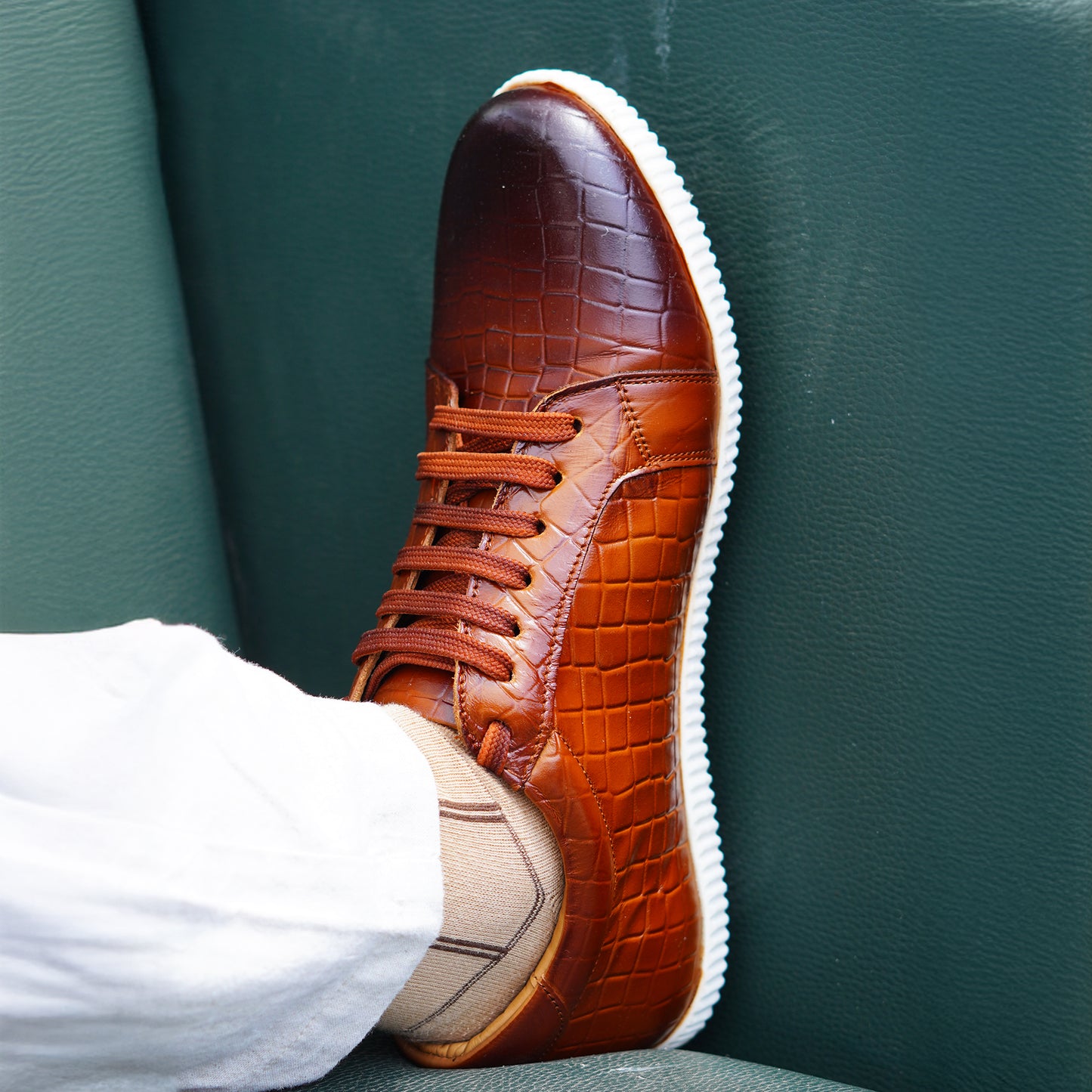 MATR Luxe Men’s Tan Croc-Embossed Leather Casual Sneakers with White Sole