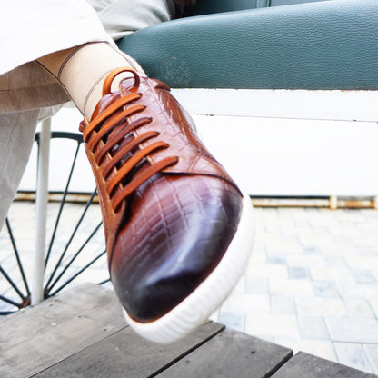 MATR Luxe Men’s Tan Croc-Embossed Leather Casual Sneakers with White Sole