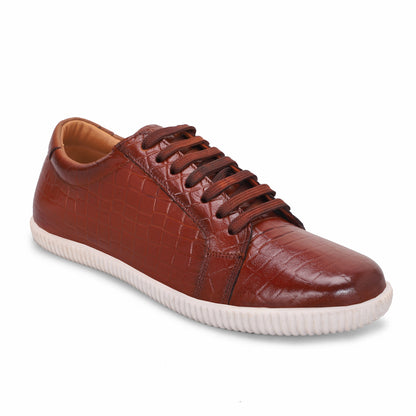 MATR Luxe Men’s Tan Croc-Embossed Leather Casual Sneakers with White Sole