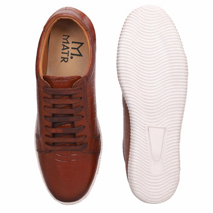 MATR Luxe Men’s Tan Croc-Embossed Leather Casual Sneakers with White Sole