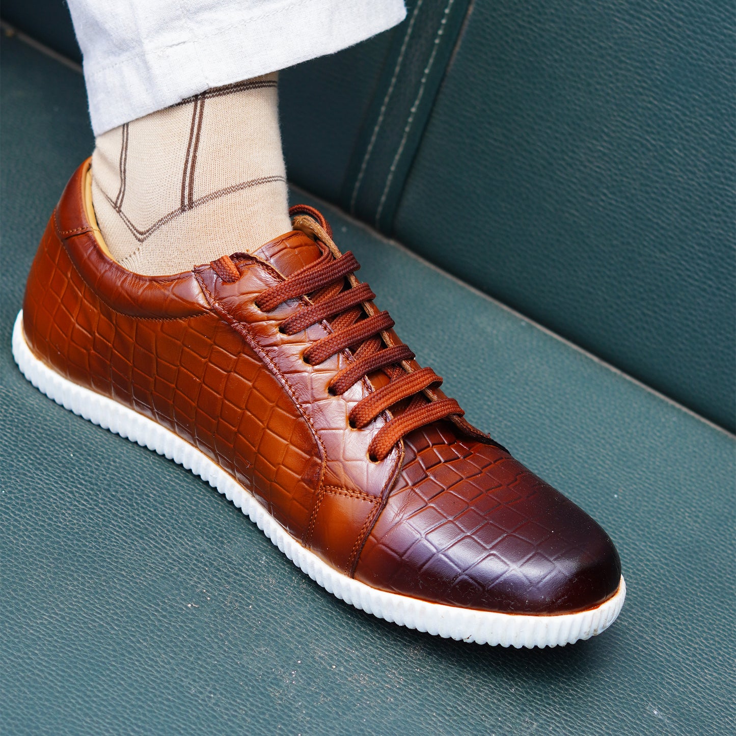 MATR Luxe Men’s Tan Croc-Embossed Leather Casual Sneakers with White Sole