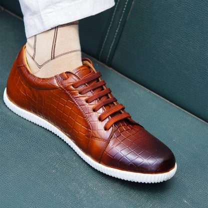 MATR Luxe Men’s Tan Croc-Embossed Leather Casual Sneakers with White Sole