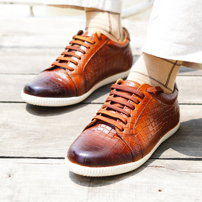 MATR Luxe Men’s Tan Croc-Embossed Leather Casual Sneakers with White Sole