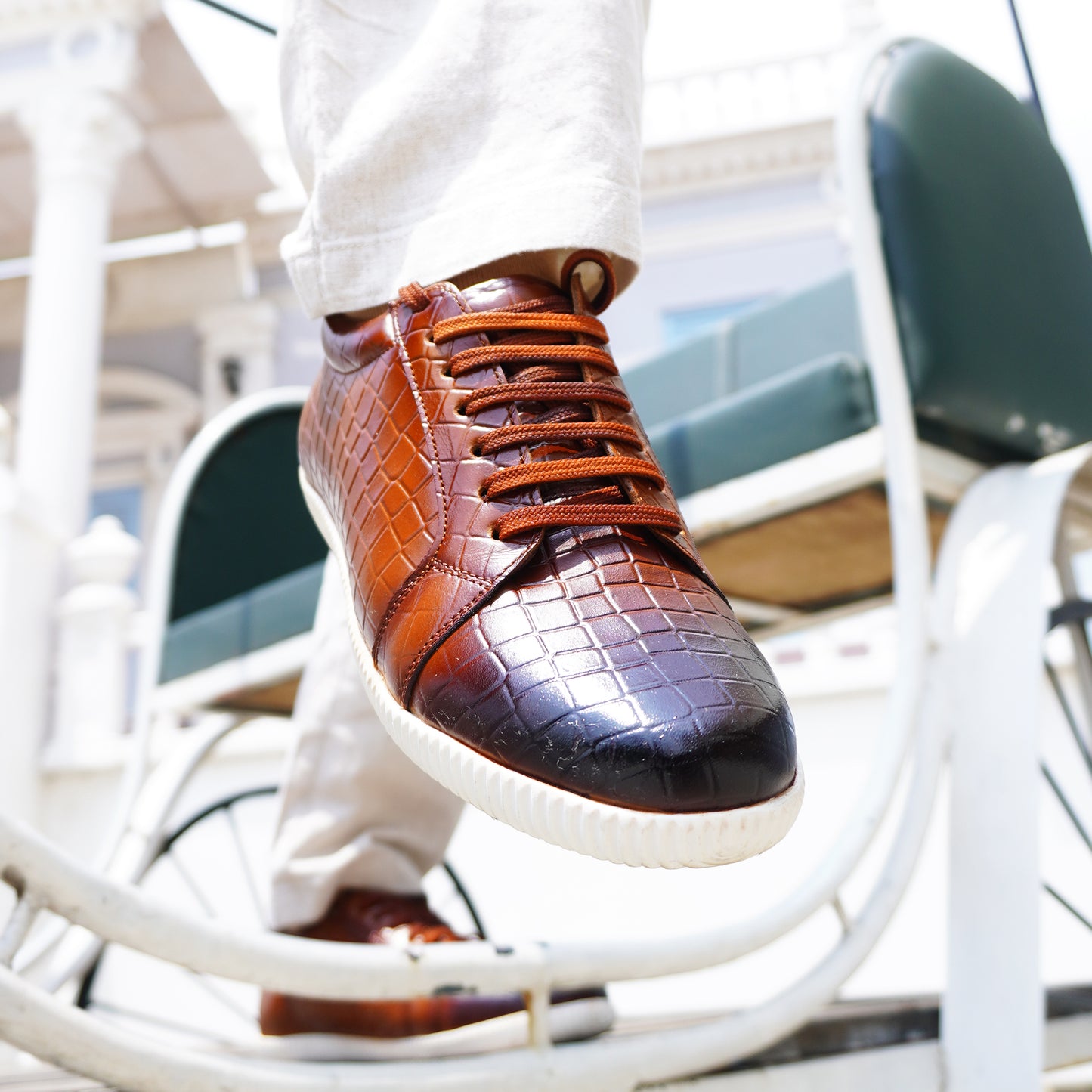 MATR Luxe Men’s Tan Croc-Embossed Leather Casual Sneakers with White Sole