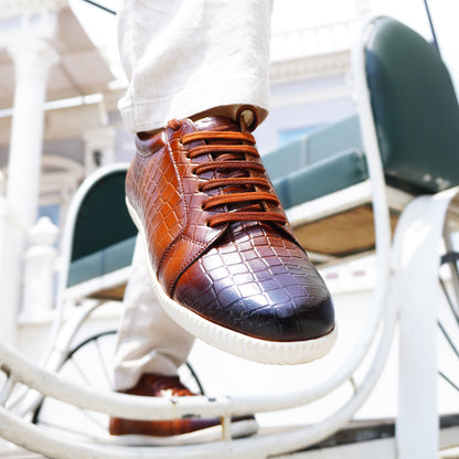 MATR Luxe Men’s Tan Croc-Embossed Leather Casual Sneakers with White Sole