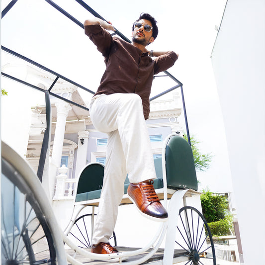 MATR Luxe Men’s Tan Croc-Embossed Leather Casual Sneakers with White Sole