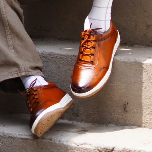 MATR Luxe Men's Tan Leather Casual Sneakers – Elastic Lace's Slip-On with Matching Sole