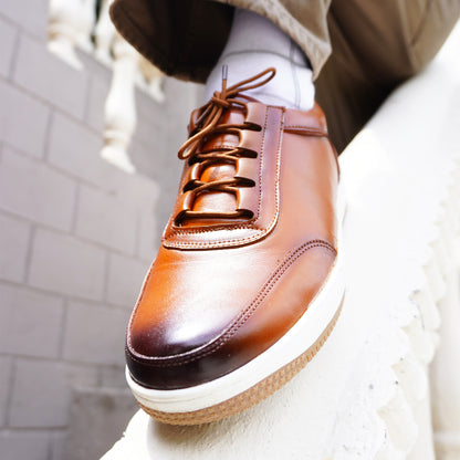 MATR Luxe Men's Tan Leather Casual Sneakers – Elastic Lace's Slip-On with Matching Sole