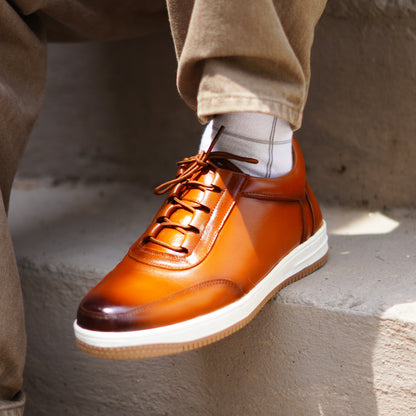 MATR Luxe Men's Tan Leather Casual Sneakers – Elastic Lace's Slip-On with Matching Sole