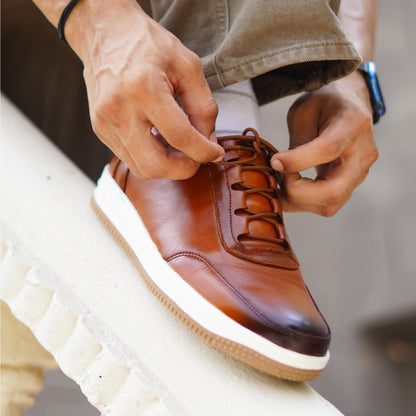 MATR Luxe Men's Tan Leather Casual Sneakers – Elastic Lace's Slip-On with Matching Sole