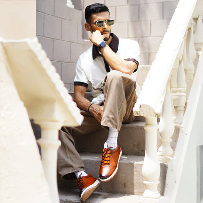 MATR Luxe Men's Tan Leather Casual Sneakers – Elastic Lace's Slip-On with Matching Sole